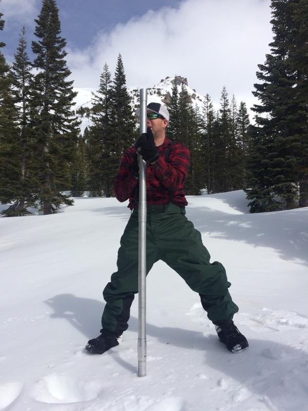 USDA Forest Service snow survey crew measuring snow depth at 83 inches with a 29-inch water content reading at Mt. Shasta sites