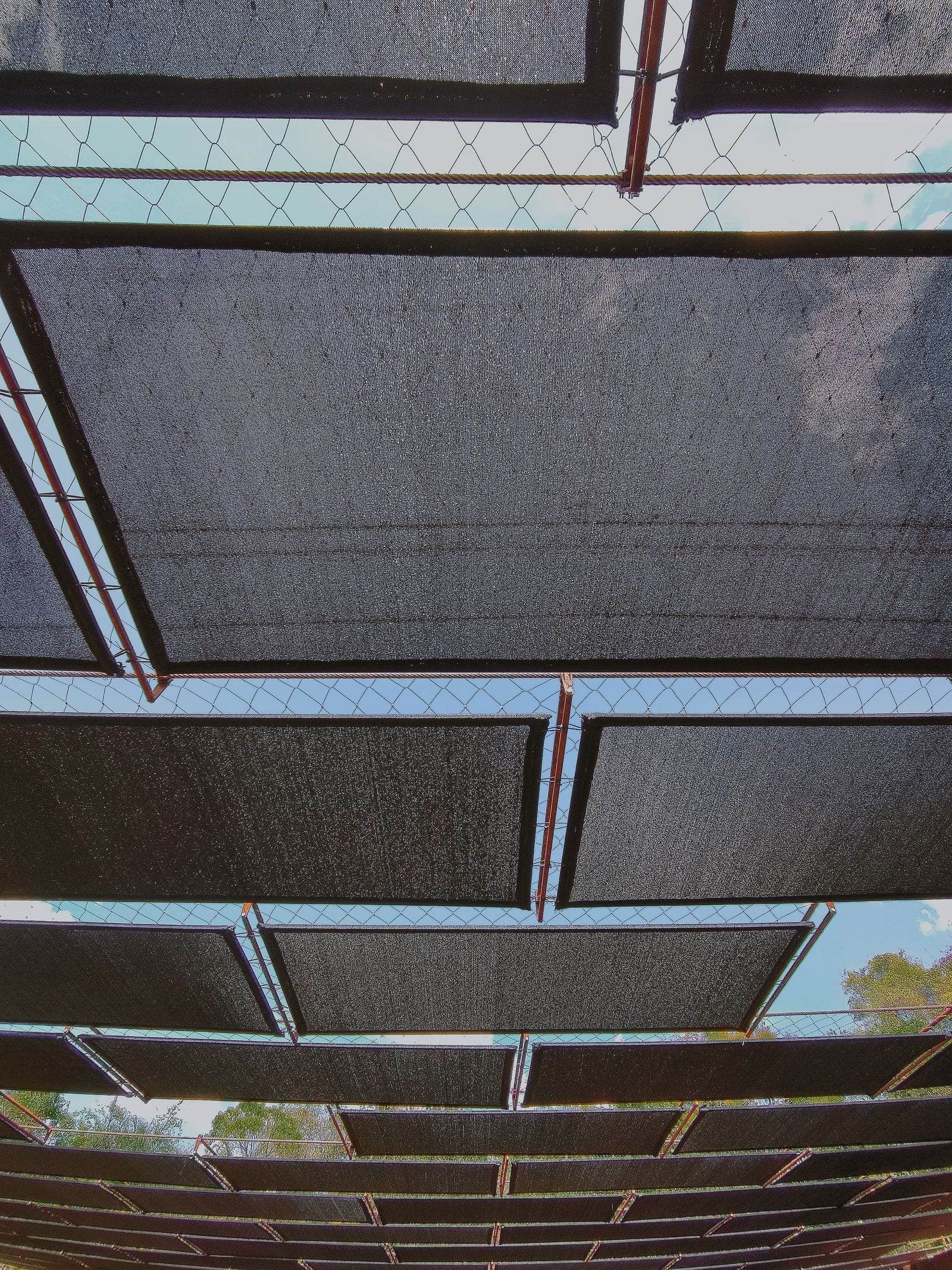 A view looking up through geometric patterns of shade netting material creating a lattice of filtered light