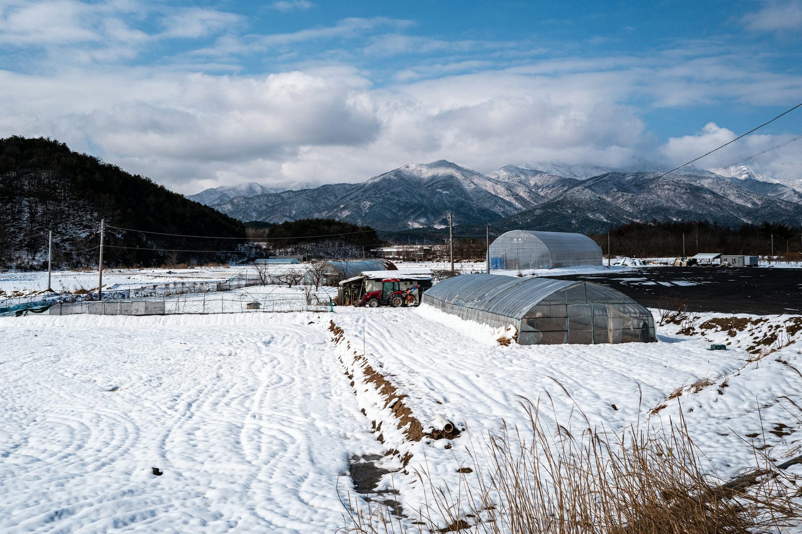 Agricultural greenhouses dusted with snow on a winter mountain landscape in South Korea's Gangwon Province